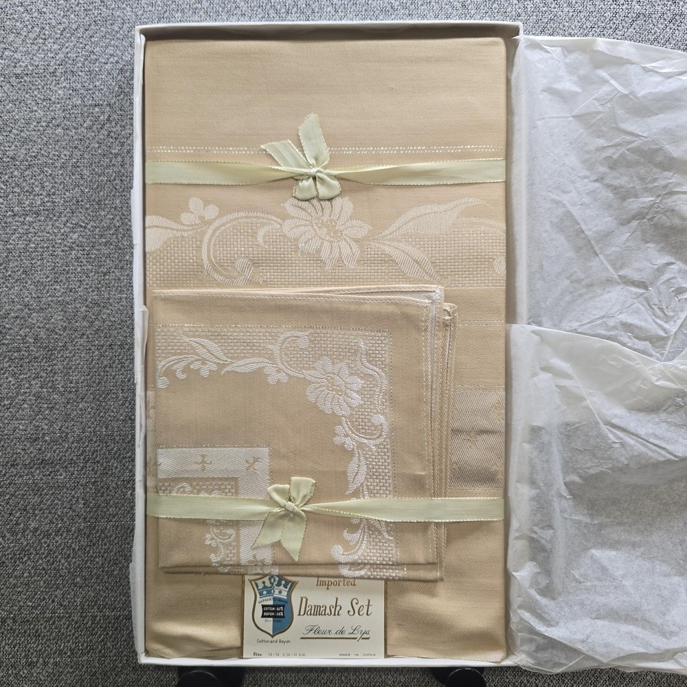 Vintage 60s Damask Fleur De Lys Tablecloth Napkin 54x54 Toast Beige Floral Japan